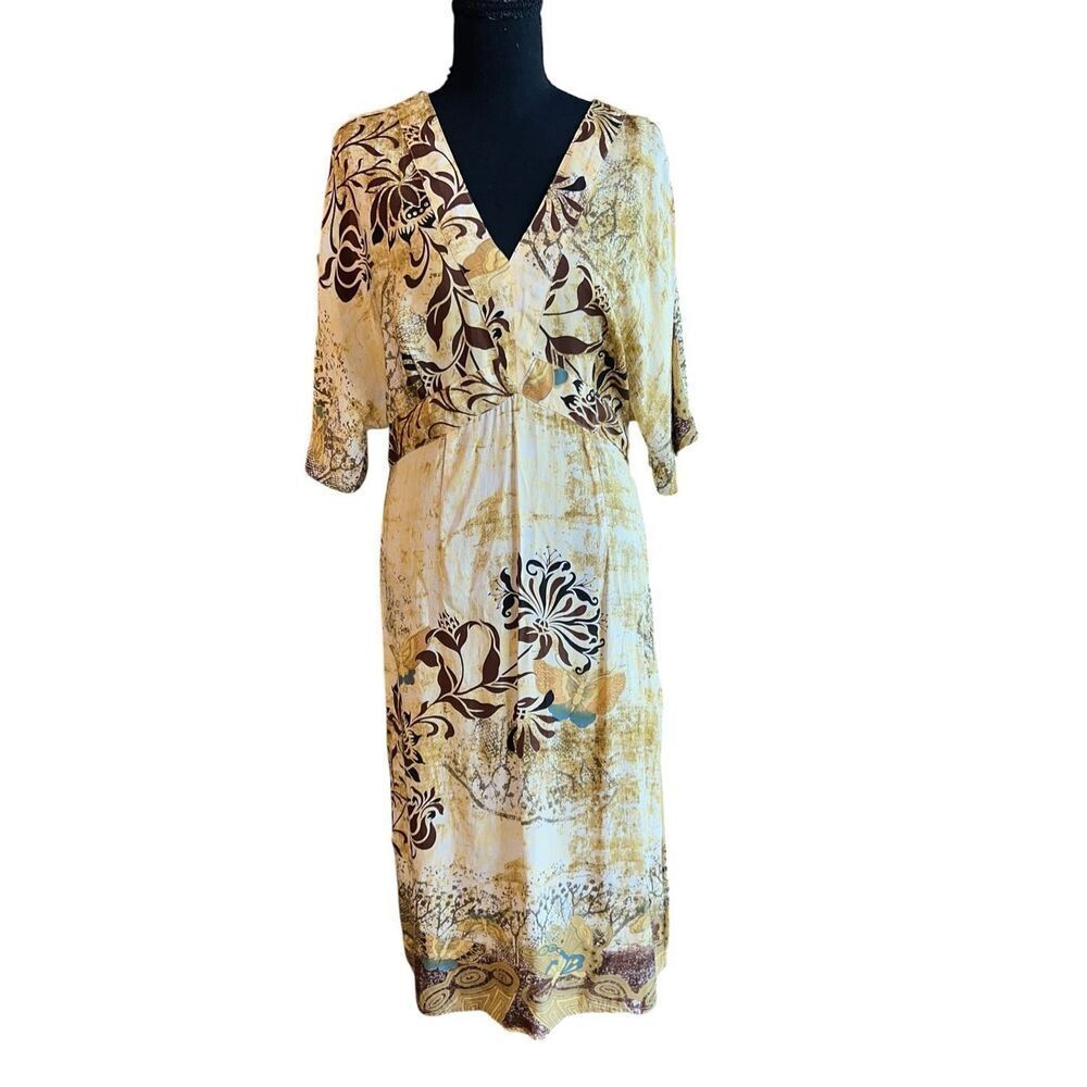 Citron Santa Monica 100% silk Asian artsy botanical butterfly tan dress Medium